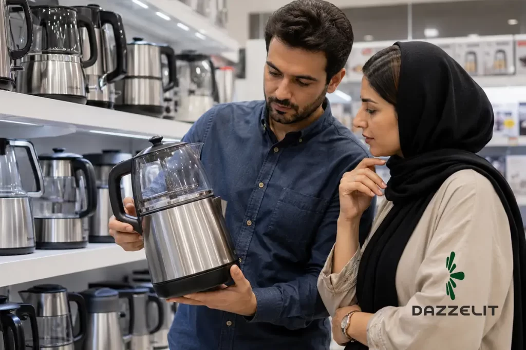 یک زوج جوان در حال خرید چای ساز