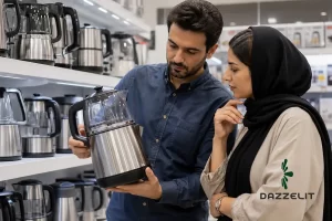 یک زوج جوان در حال خرید چای ساز