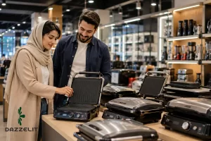 یک زن و مرد در حال انتخاب بهترین برند گریل برقی در فروشگاه