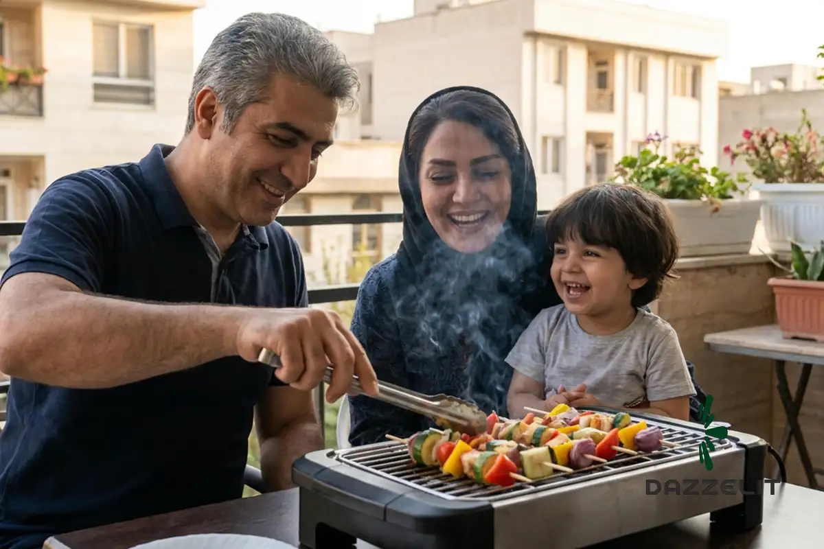 پخت غذا روی گریل برقی در تراس آپارتمان