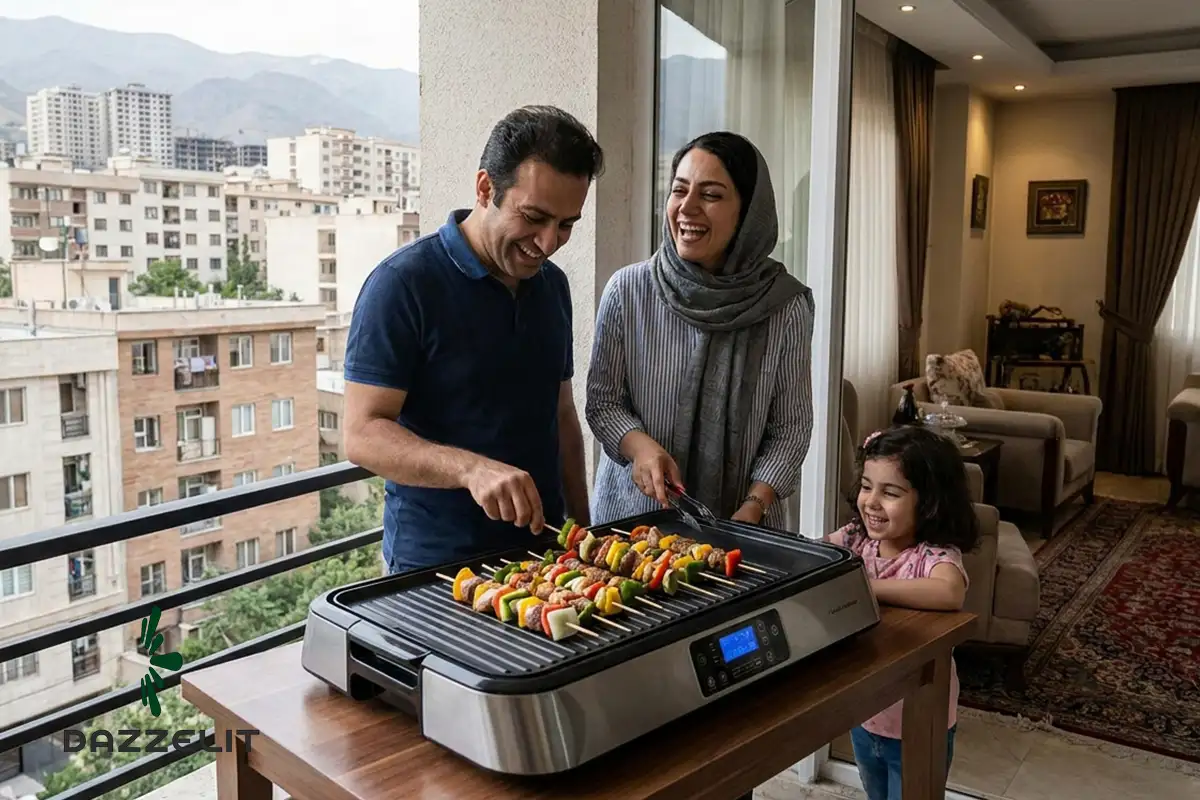 یک خانواده سه نفره در حال پخت غذا روی گریل برقی