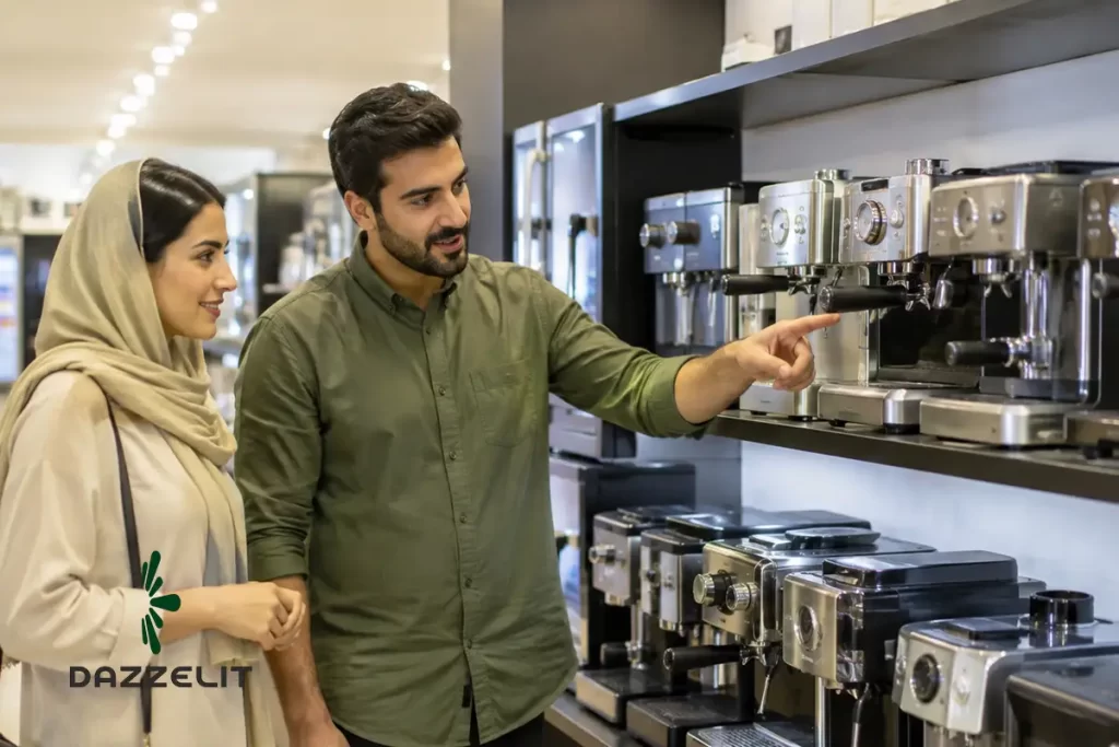 یک زن و مرد در حال مقایسه انواع اسپرسوساز برای خرید
