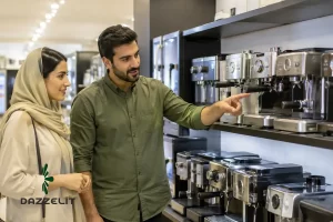 یک زن و مرد در حال مقایسه انواع اسپرسوساز برای خرید