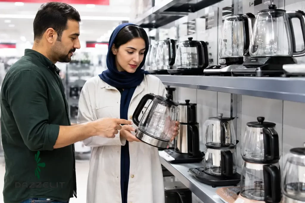 یک زن و شوهر درحال بررسی انواع چای ساز برای خرید