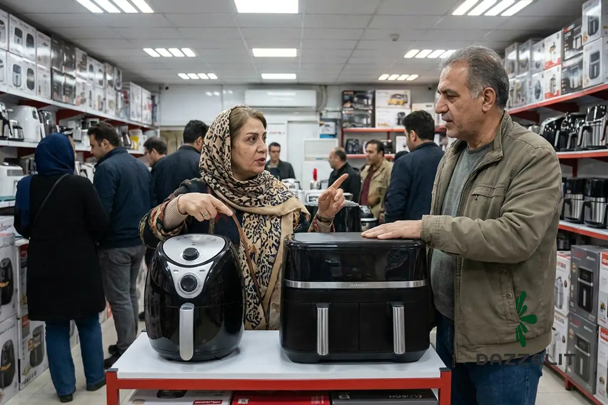 یک زن و شوهر در حال انتخاب سرخ کن دو سبده مناسب خانواده