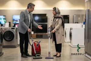 یک زن و مرد در حال مقایسه جاروبرقی معمولی و عصایی