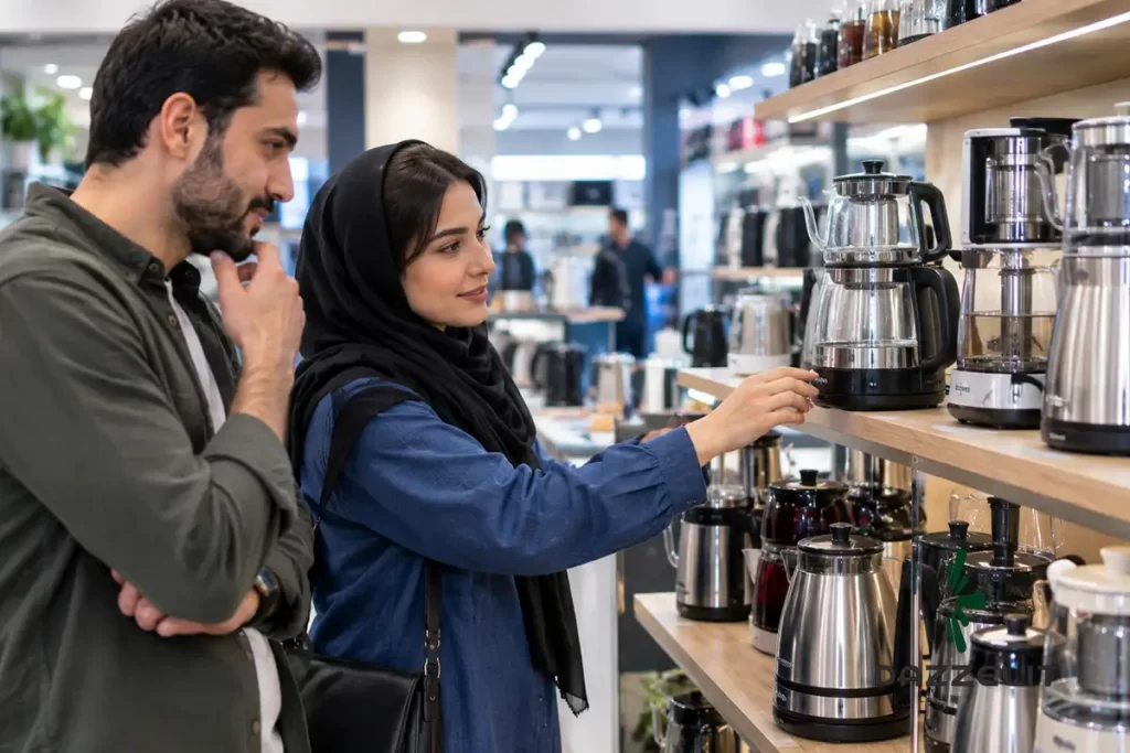 یک زوج در حال انتخاب بین چای ساز شیشه ای و استیل