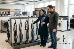 یک مرد و زن در حال انتخاب بهترین جاروبرقی ایستاده سیمدار