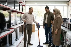 فروشنده در حال معرفی جارو عصایی و شارژی به مشتری