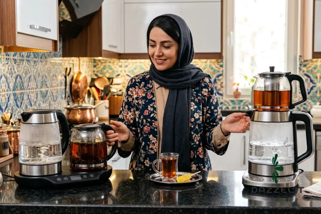 یک زن در حال انتخاب بین چای ساز کنار هم و روی هم