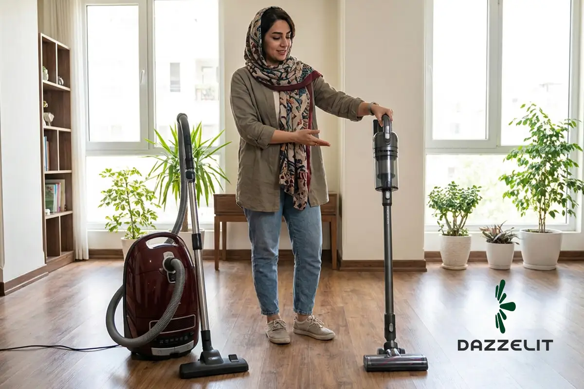 یک زن در حال انتخاب بین جاروبرقی کیسه دار و بدون کیسه