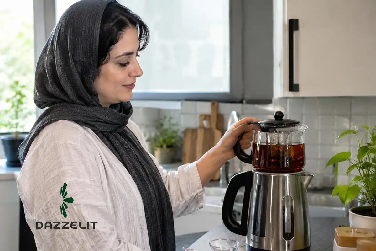 یک زن در حال درست کردن چایی با چای ساز