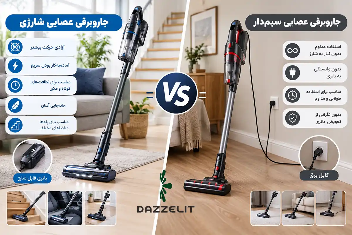 جاروبرقی عصایی شارژی بهتر است یا سیم‌دار 