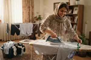 یک زن در حال اتوزدن لباس‌های روزمره با اتوبخار