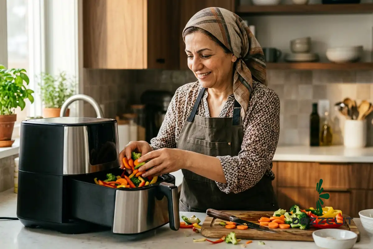 چک کردن بافت سبزیجات پخته شده در سرخ کن بدون روغن