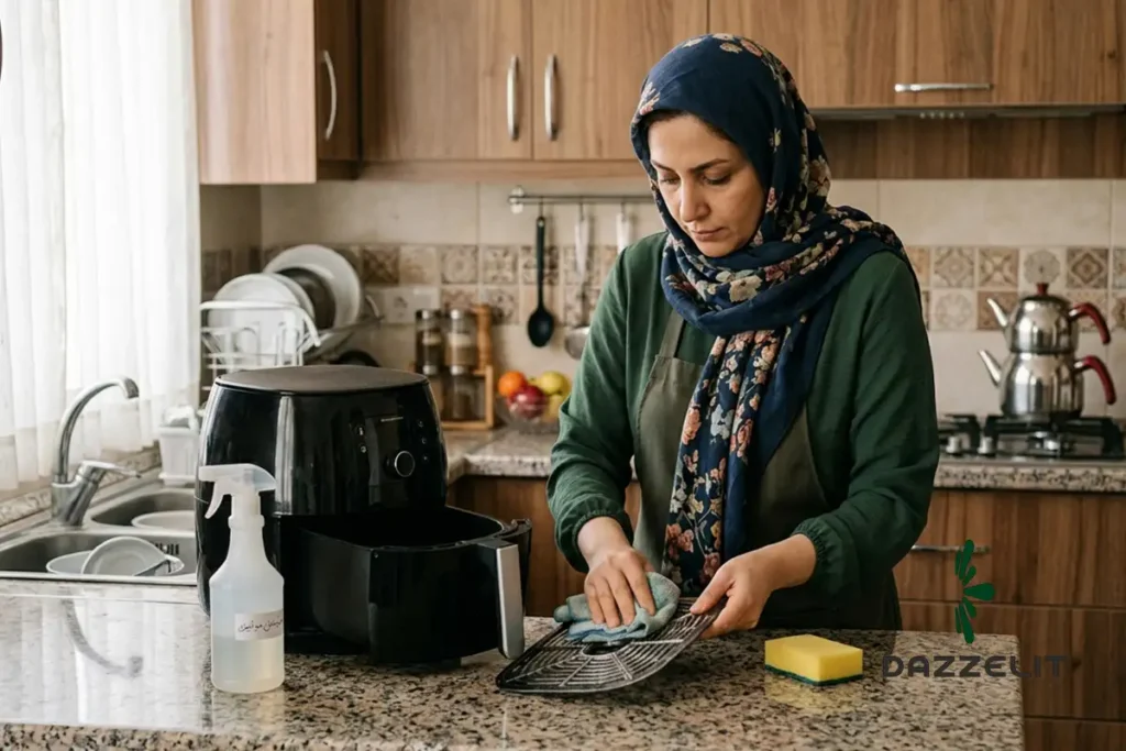 یک زن در حال تمیز کردن سرخکن بدون روغن و گریل