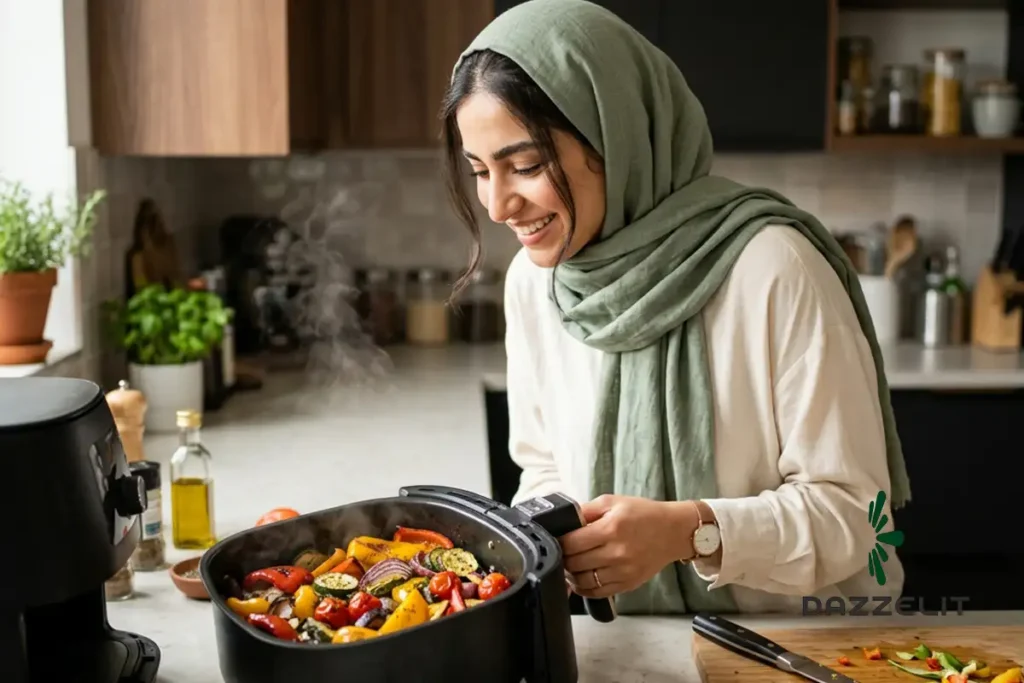یک زن در حال درست کردن سبزیجات با سرخ‌کن گریل