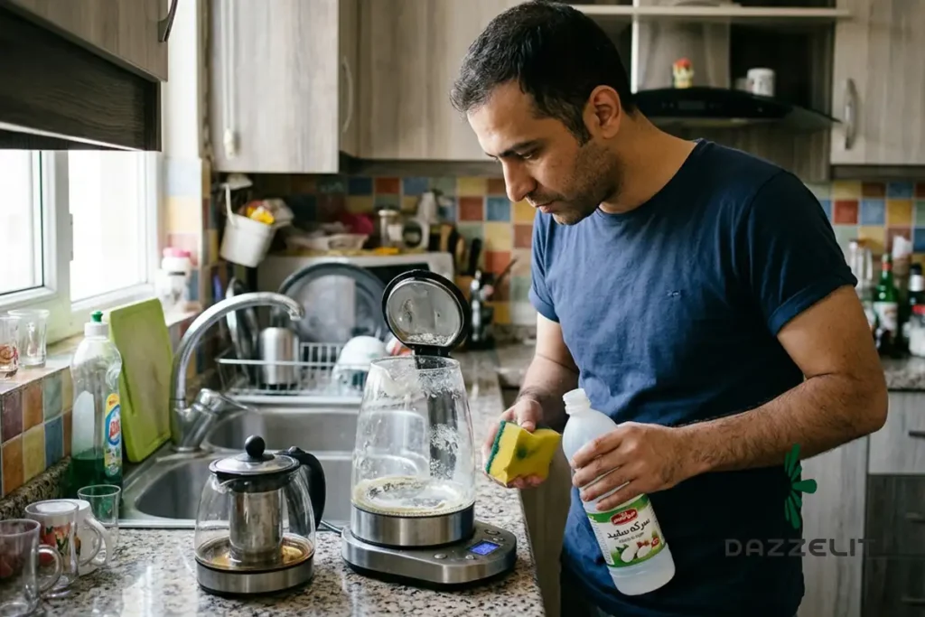 یک مرد در حال تلاش برای از بین بردن رسوب چای‌ساز