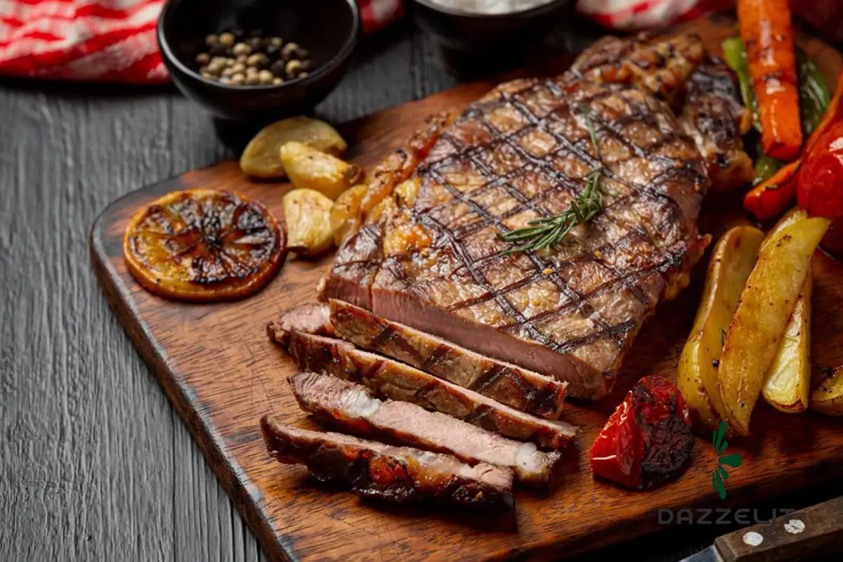 استیک گریل‌شده برش‌خورده همراه با سبزیجات و رزماری