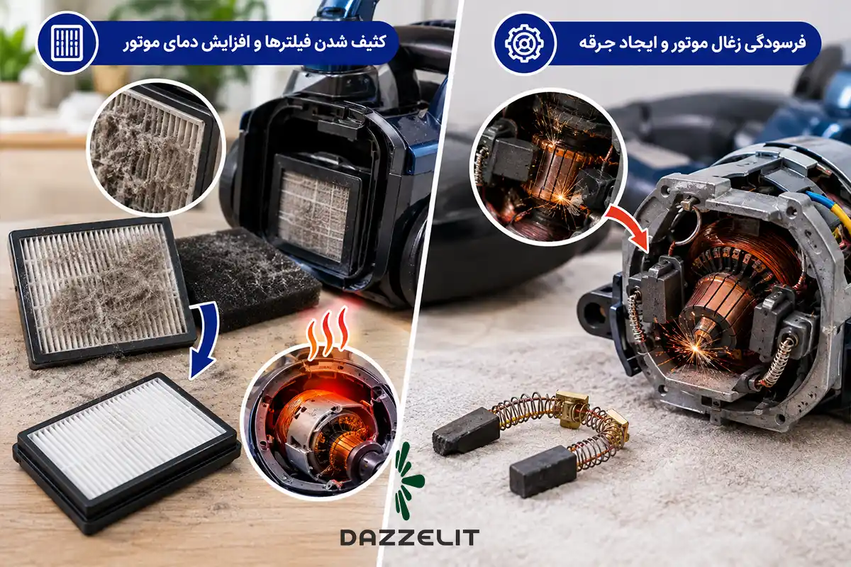 کثیف شدن فیلترها و فرسودگی زغال موتور جاروبرقی