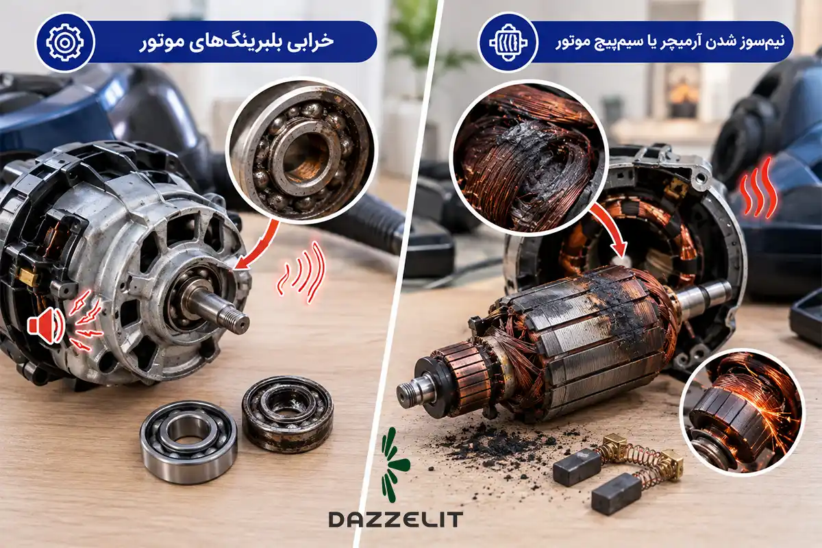 خرابی بلبرینگهای موتور و نیمسوز شدن آرمیچر جاروبرقی