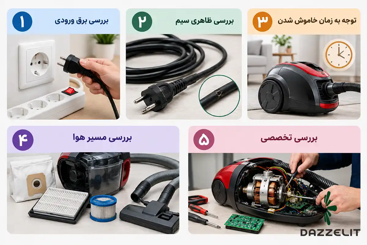 مراحل عیب‌یابی روشن نشدن جاروبرقی 